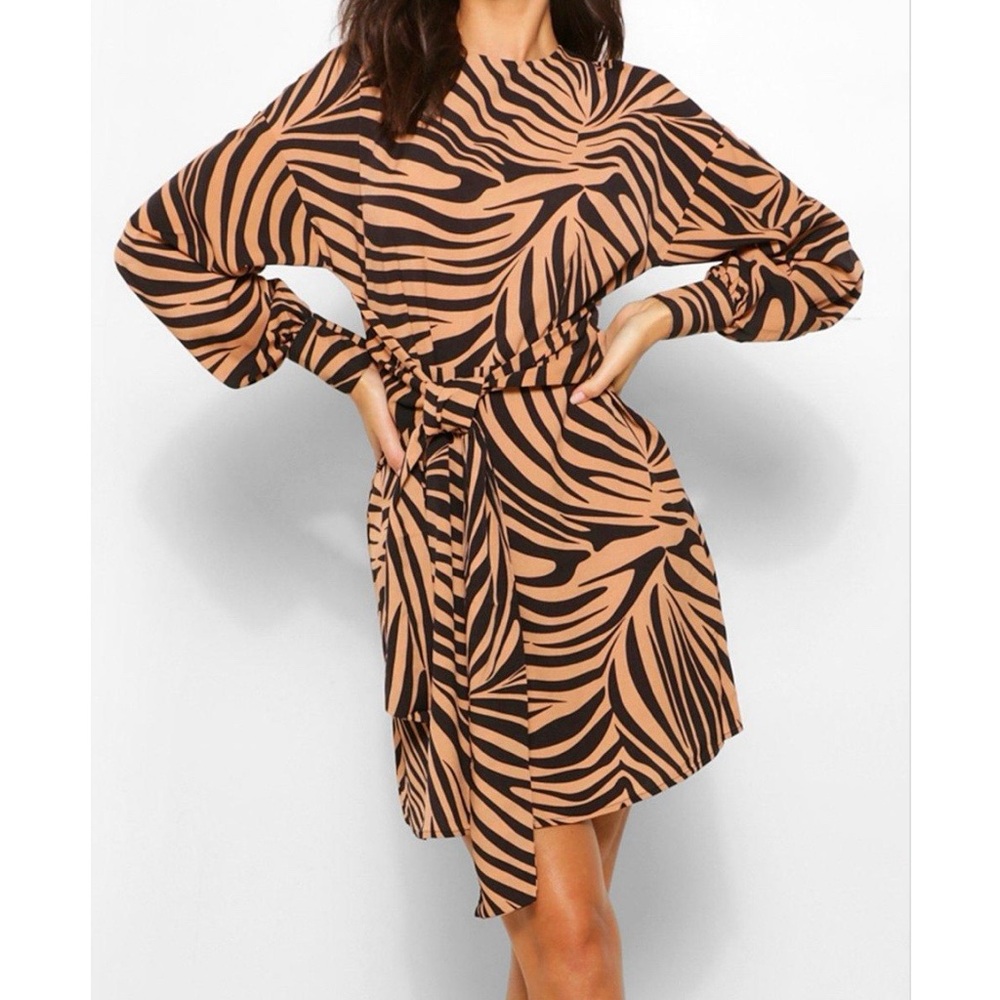 Boohoo Brown Zebra Print Shift Dress